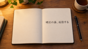 「明日の昼、返信する」と書いたノートとペンを置いた夜の机