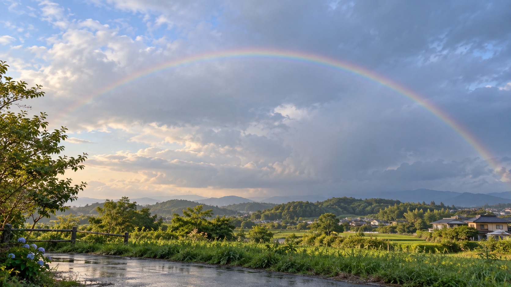 雨上がりの緑の丘と住宅地の空にかかる一本の虹