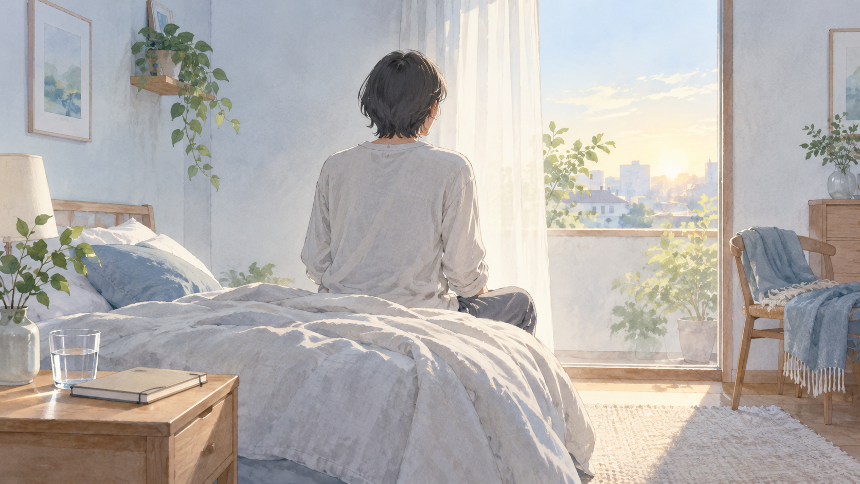 朝の光が差す寝室で、ベッドの端に腰掛ける人の後ろ姿を描いた水彩イラスト