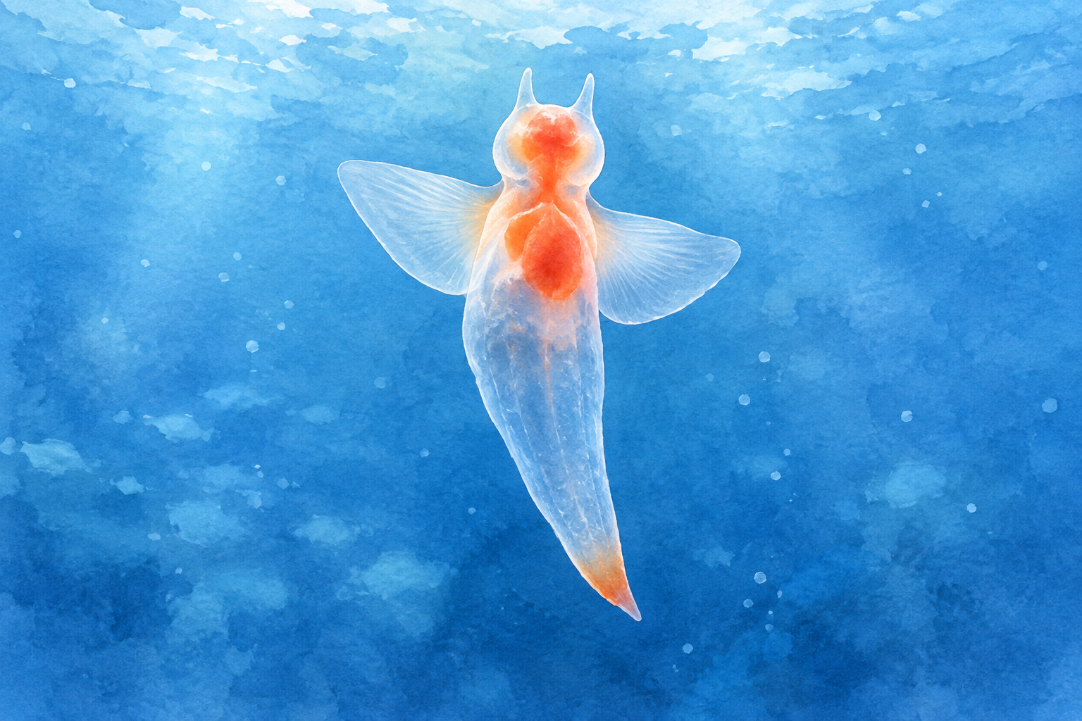 青い海を背景に、透明な体と翼のような翼足を広げるクリオネの水彩イラスト