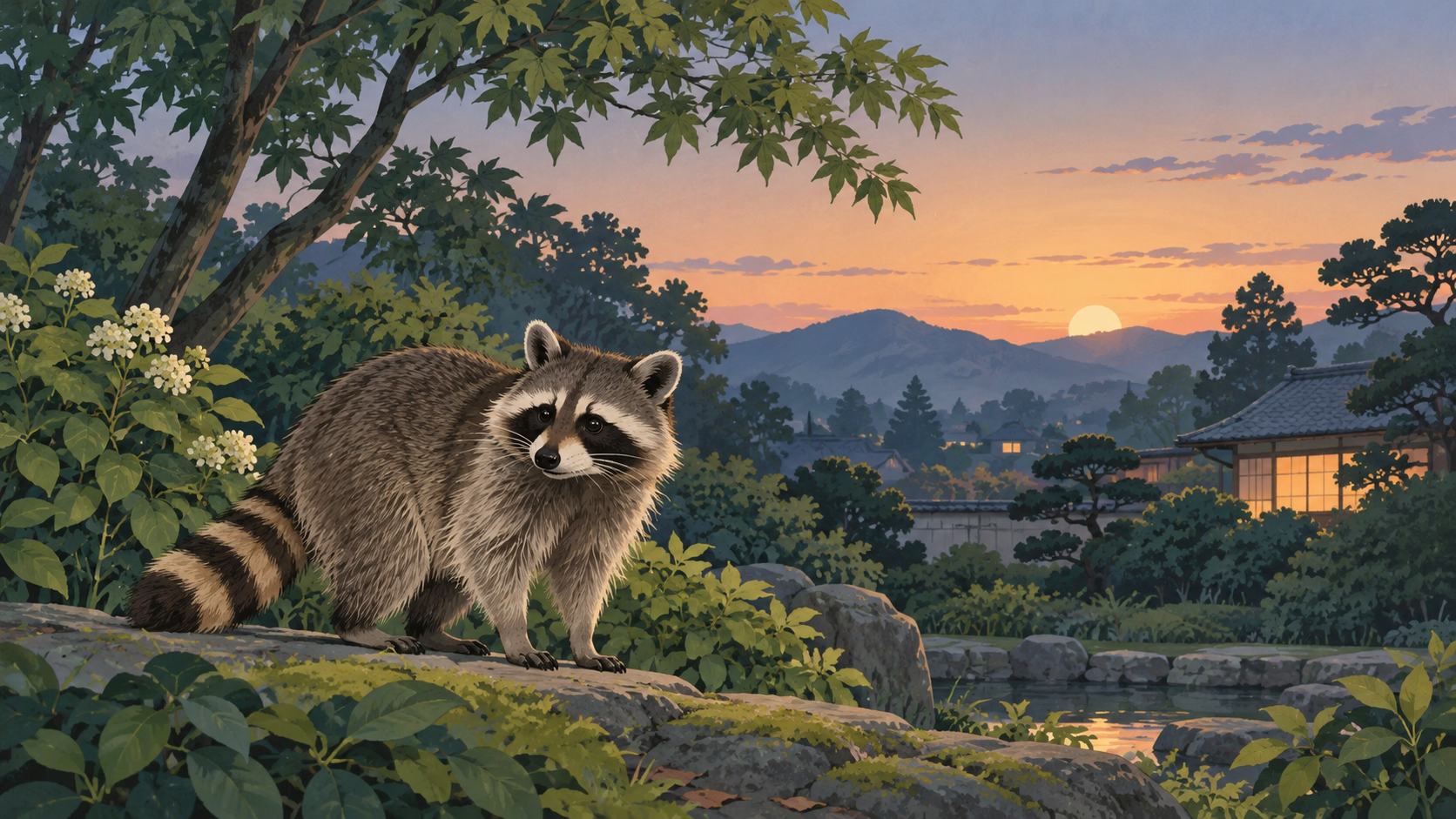 夕暮れの庭で、しま模様の尾を持つアライグマが岩の上に立つイラスト