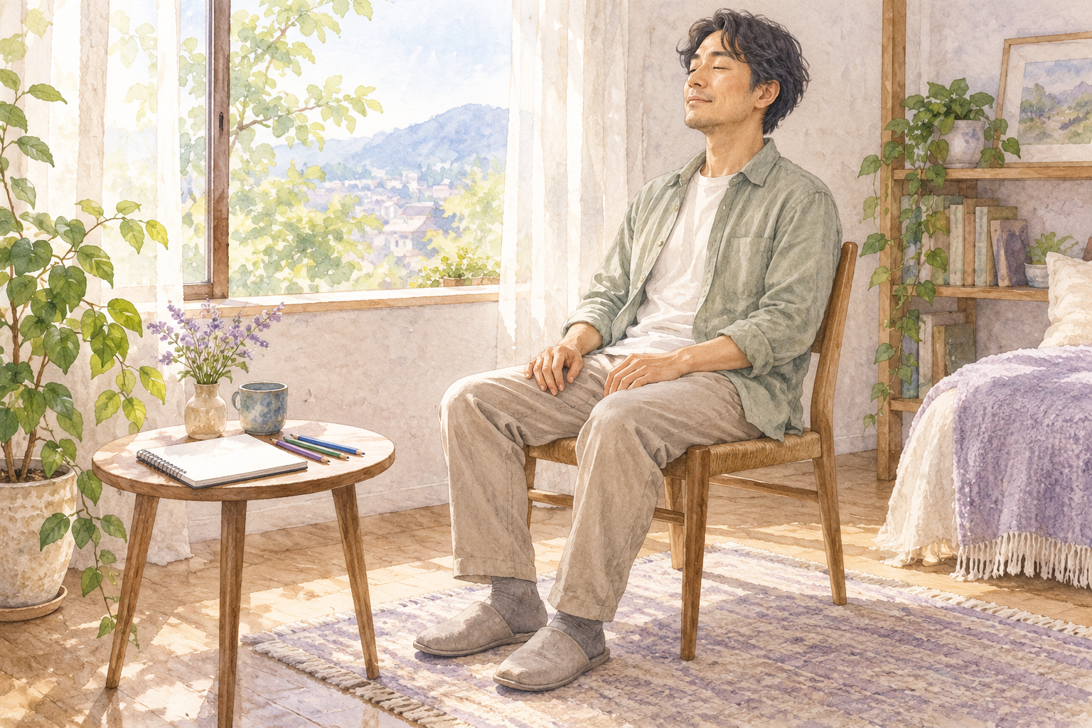 窓辺の椅子に座って静かに目を閉じる大人と、脇の机に置かれたノートと色鉛筆の水彩イラスト