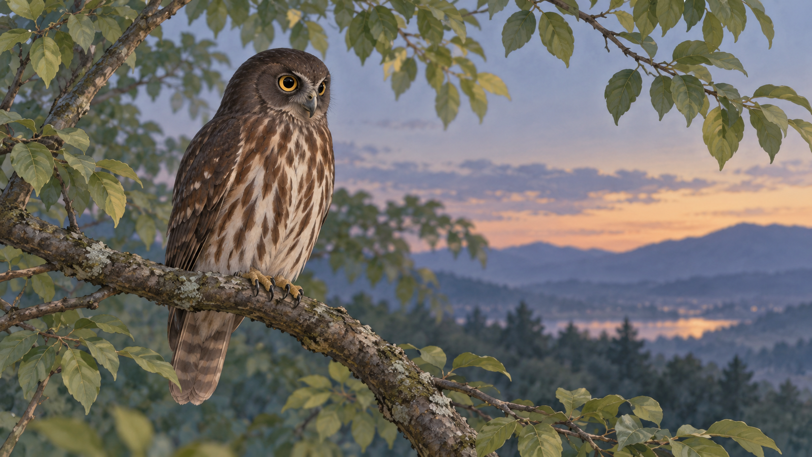 夕暮れの枝に止まる、丸い頭と黄色い目をしたアオバズクのイラスト