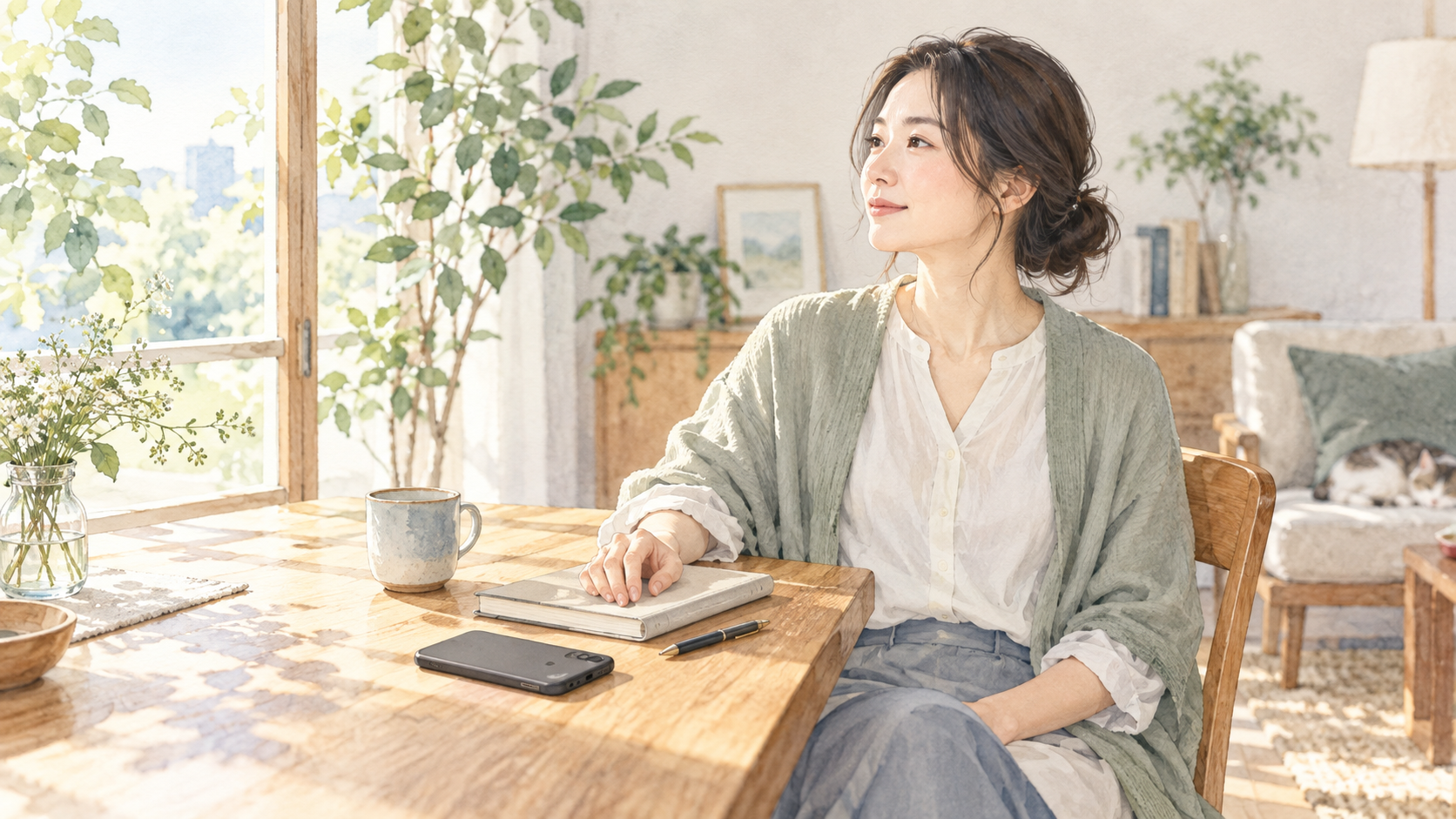 窓辺の机で手帳に手を置き、スマートフォンを伏せてひと息つく女性の水彩画