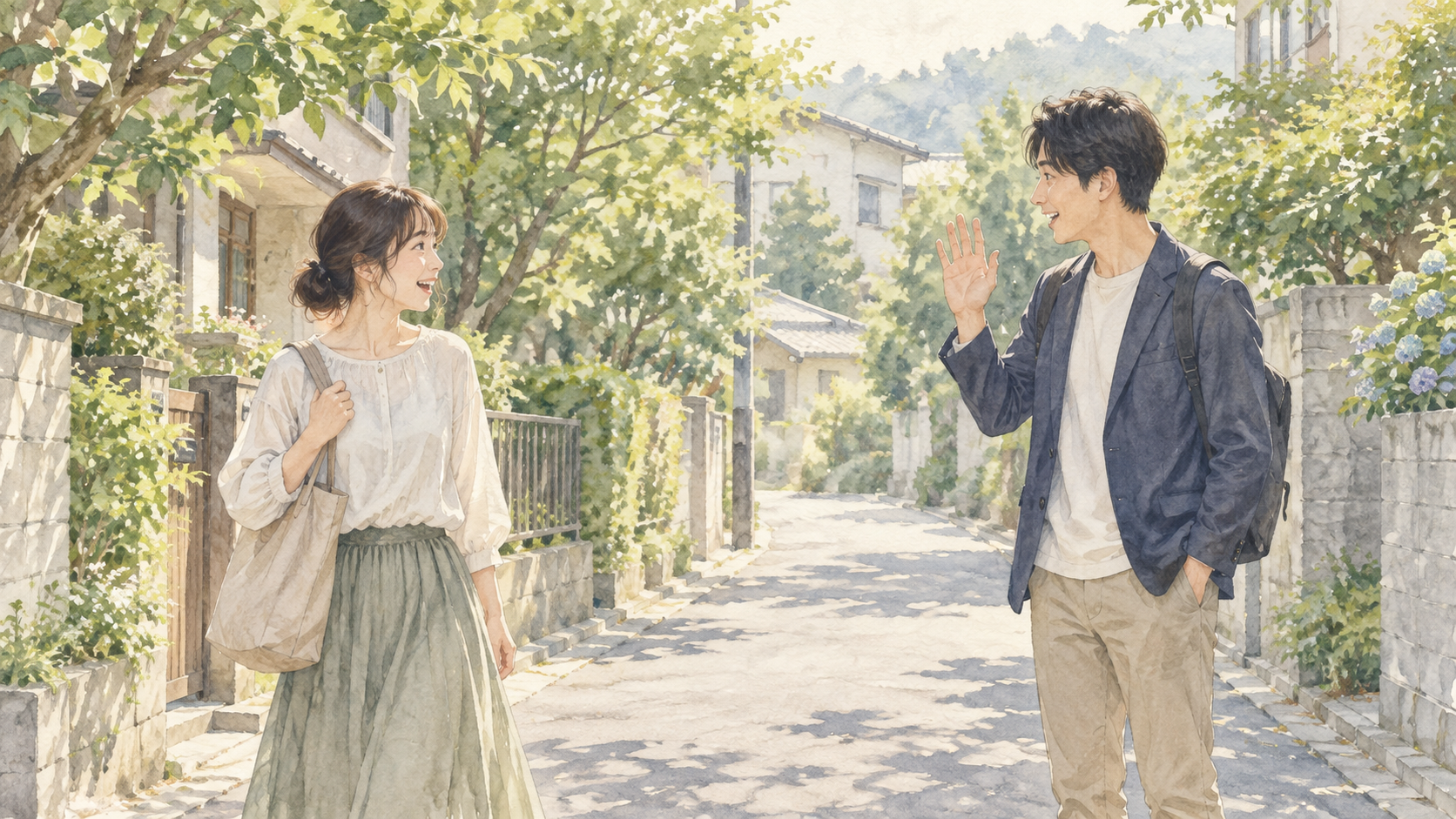 木々のある住宅街で偶然出会い、手を上げて挨拶する二人の水彩画